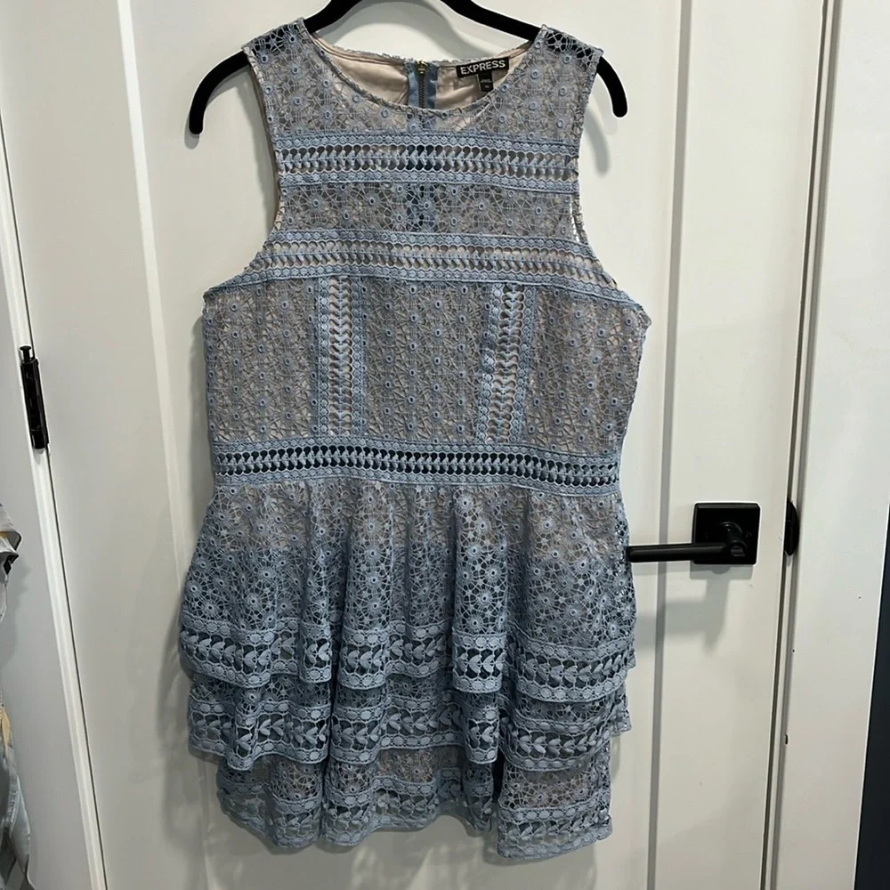 Express Baby Blue Tiered Ruffle Lace Sleeveless Dress EUC
